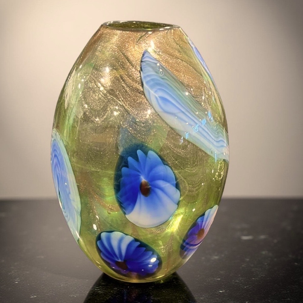 Ornate Glass Vase with Blue Floral Design Hand blown Vintage